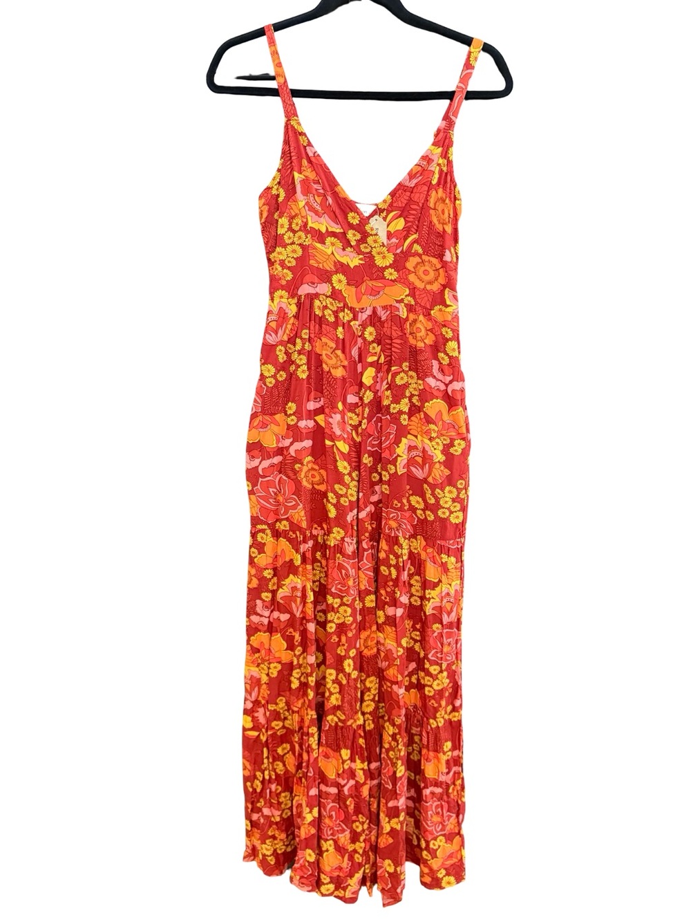 Millibon Floral Palazzo Jumpsuit Boho Wide Leg Size S pockets red orange